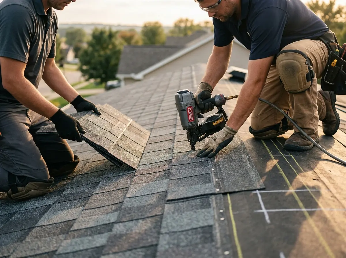 Professional roofer working on a residential roof in Vermillion
